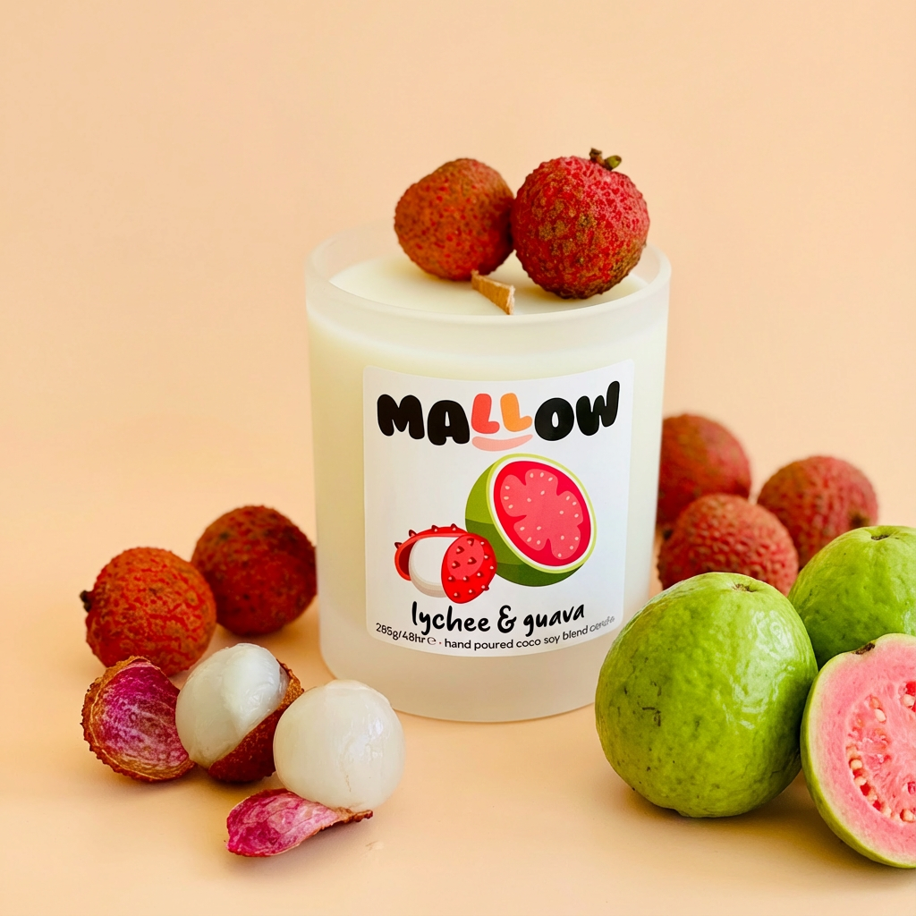 Candle labeled 'Mallow Lychee & Guava' surrounded by lychees and guavas on a beige background