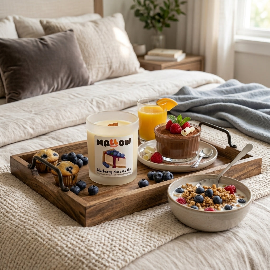 A wooden tray set on a made bed holds a candle labeled MALLOW Blueberry Cheesecake, a bowl of granola with blueberries and fruit, a chocolate dessert, an orange drink, and a muffin, in a bright bedroom setting.