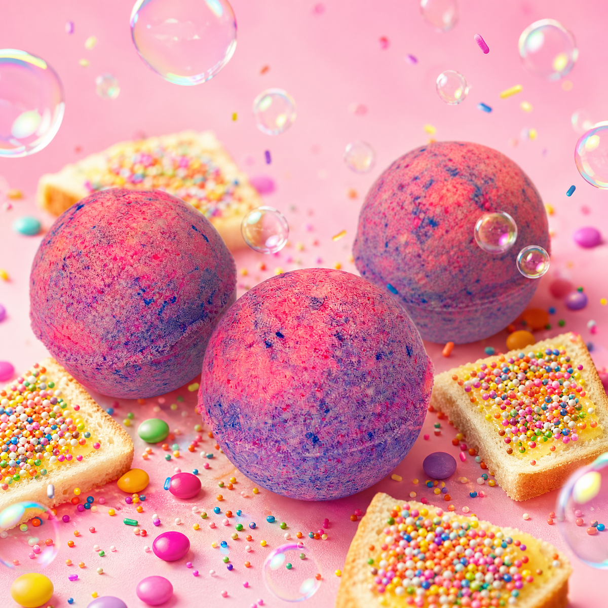 Three round fairy bread bath bombs with a pink, blue & purple sugar-skirt texture are arranged on a pink background with decorative props including bubbles, sprinkles, candy, and slices of bread.