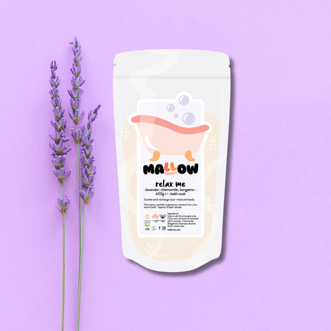 Relax Me Bath Soak by Mallow, an Australian magnesium bath soak used in an at-home spa night routine