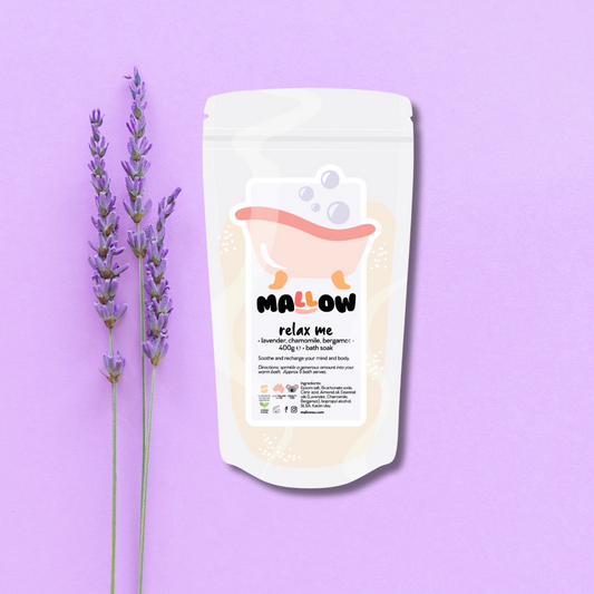 Relax Me Bath Soak by Mallow, an Australian magnesium bath soak used in an at-home spa night routine