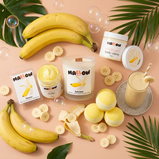 Mallow banana whipped body creme, whipped soap, wax melt, candle, bath bomb