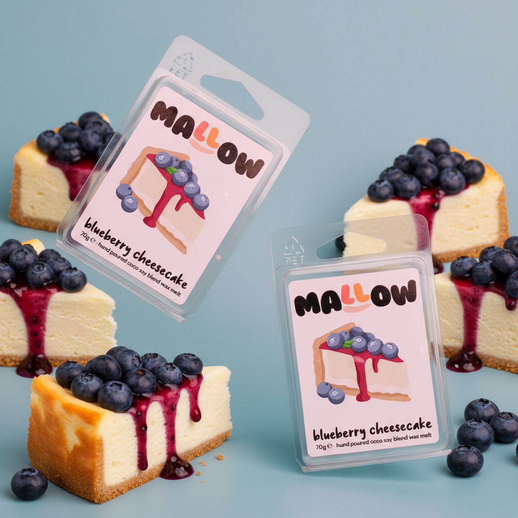 Mallow blueberry cheesecake scent wax melt with cheesecake slices and blueberries on a light blue background