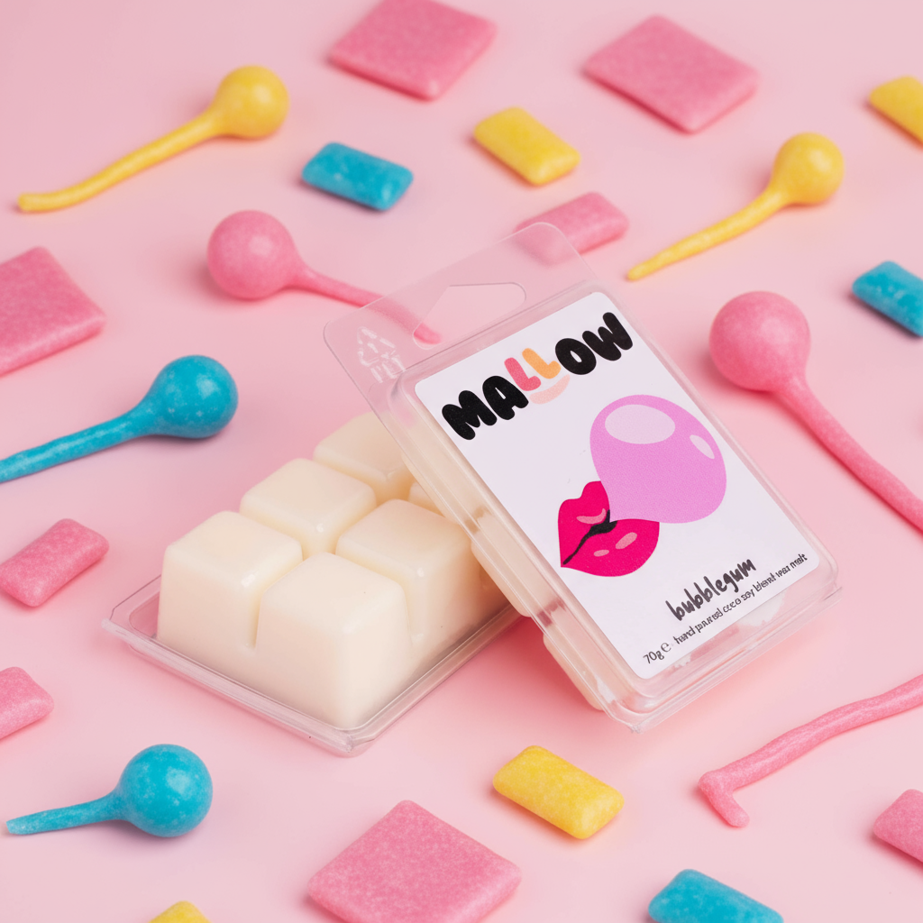 Mallow bubblegum candy packaging with colorful candy sticks on a pink background