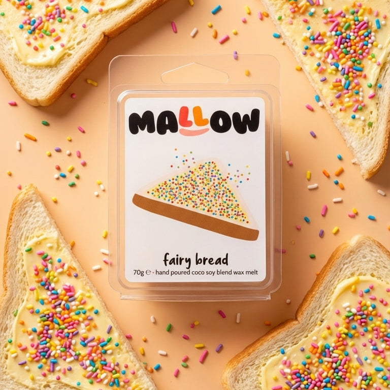 Packaged fairy bread wax melt with colourful sprinkles on a beige background