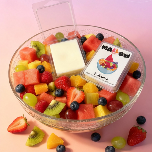 Fruit salad with Mallow fruit salad wax melt on a pink background