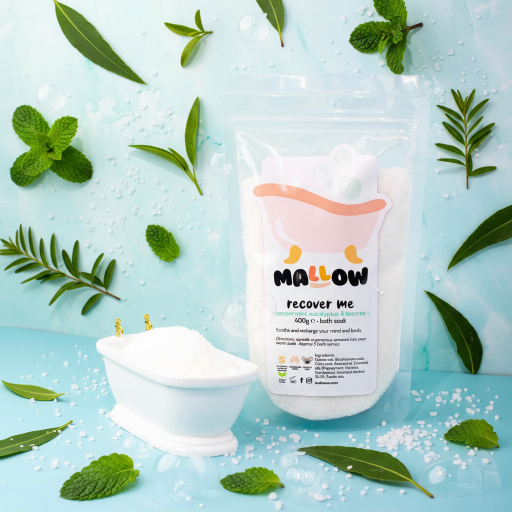 Bath salt packaging with peppermint, tea tree other leaves on a light blue background