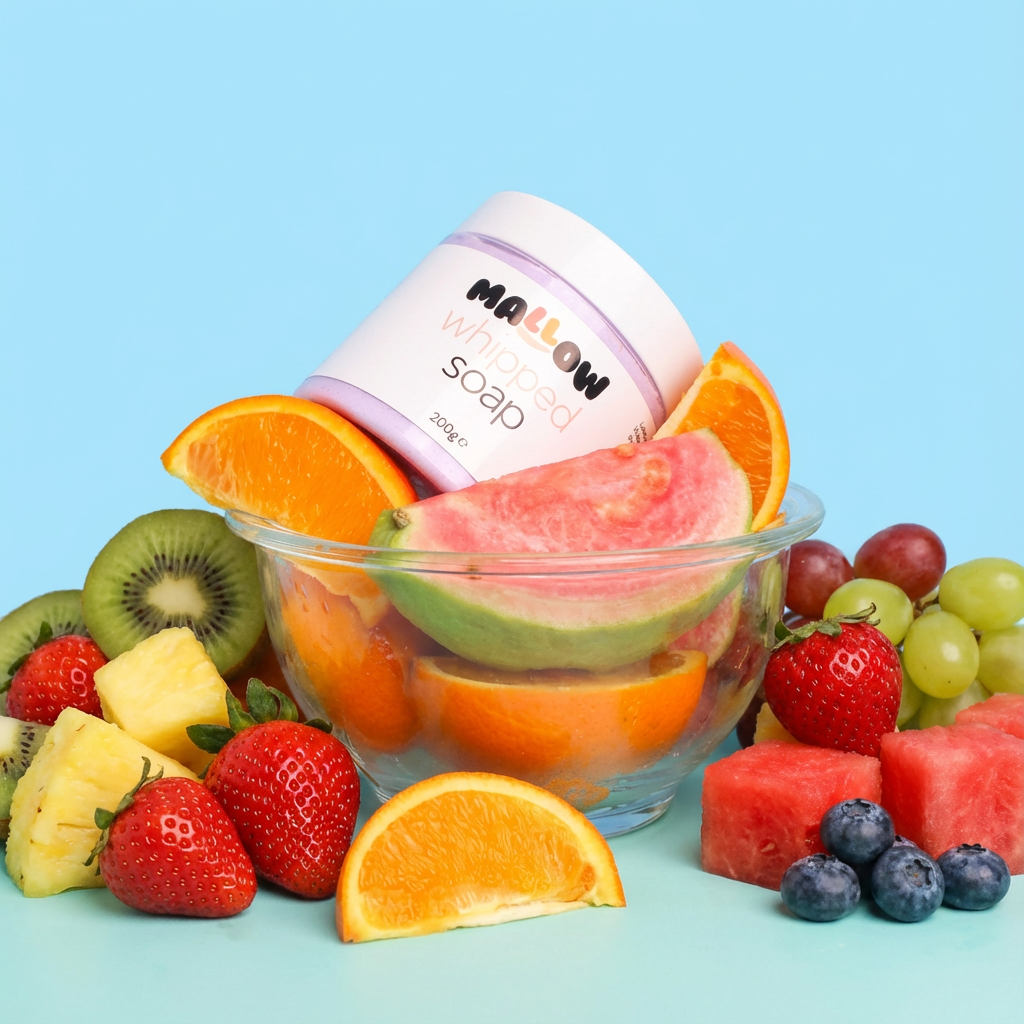 Jar of Mallow Fruit Salad Whipped Soap with a bowl of sliced fruits on a blue background