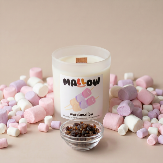Mallow marshmallow woodwick candle with marshmallows and small glass bowl of musk