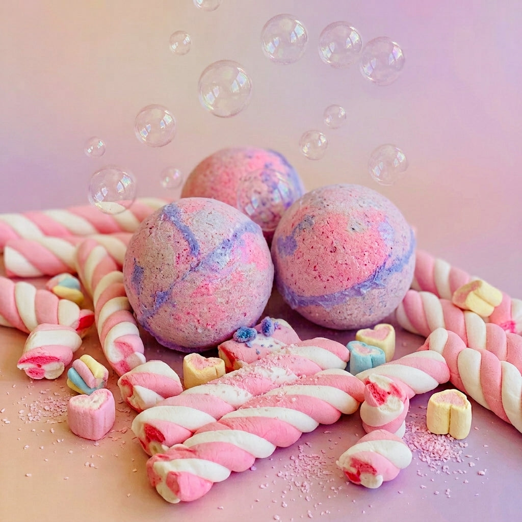 Three pink and purple marbled bath bombs surrounded by pink and white twisted marshmallows, pastel candy pieces, and floating bubbles on a soft pink background.