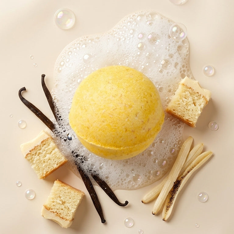 A yellow bath bomb sits in foamy liquid on a warm cream background, styled with vanilla beans, cinnamon sticks, and small pieces of cake.