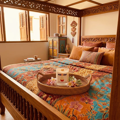 A cozy bedroom scene featuring a wooden four-poster bed with a colourful floral quilt, styled with matching pillows and a woven tray holding a white candle labeled 'Mallow'.