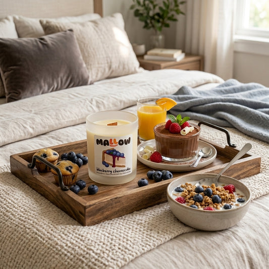 A wooden tray set on a made bed holds a candle labeled MALLOW Blueberry Cheesecake, a bowl of granola with blueberries and fruit, a chocolate dessert, an orange drink, and a muffin, in a bright bedroom setting.