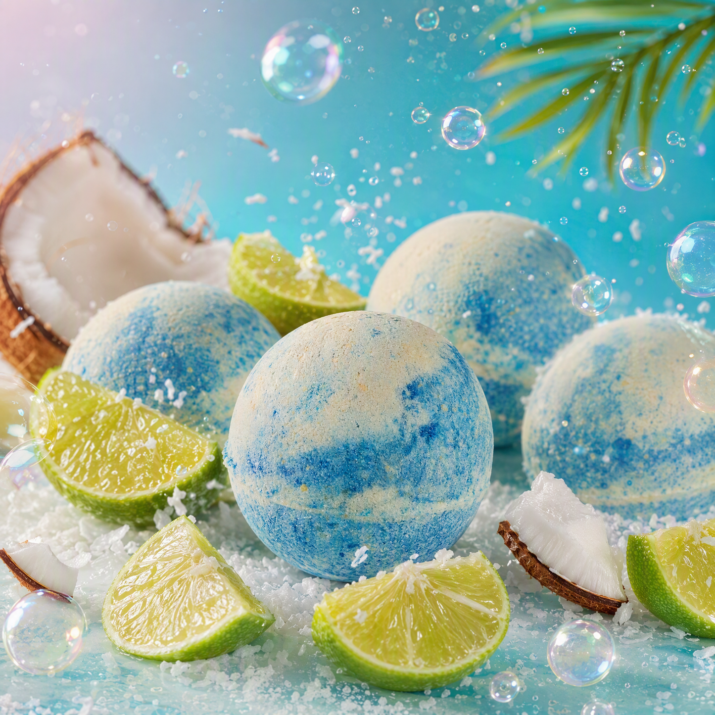 Lime & Coconut Bath Bomb – fizzy tropical bath bomb with fresh lime slices and coconut