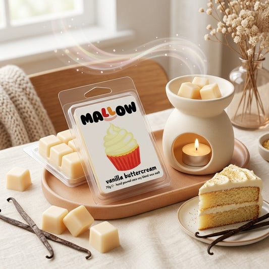 A packaged Mallow vanilla buttercream wax melt sits on a wooden tray beside cream wax cubes, a white wax warmer with a lit tea light, scattered vanilla beans, and a slice of vanilla cake on a table in a softly lit room.